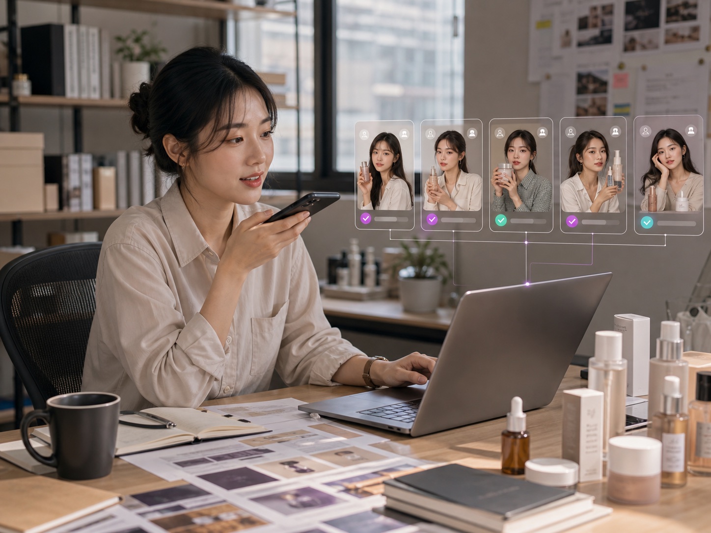 브랜드 담당자가 휴대폰 음성으로 인플루언서 후보를 찾는 장면
