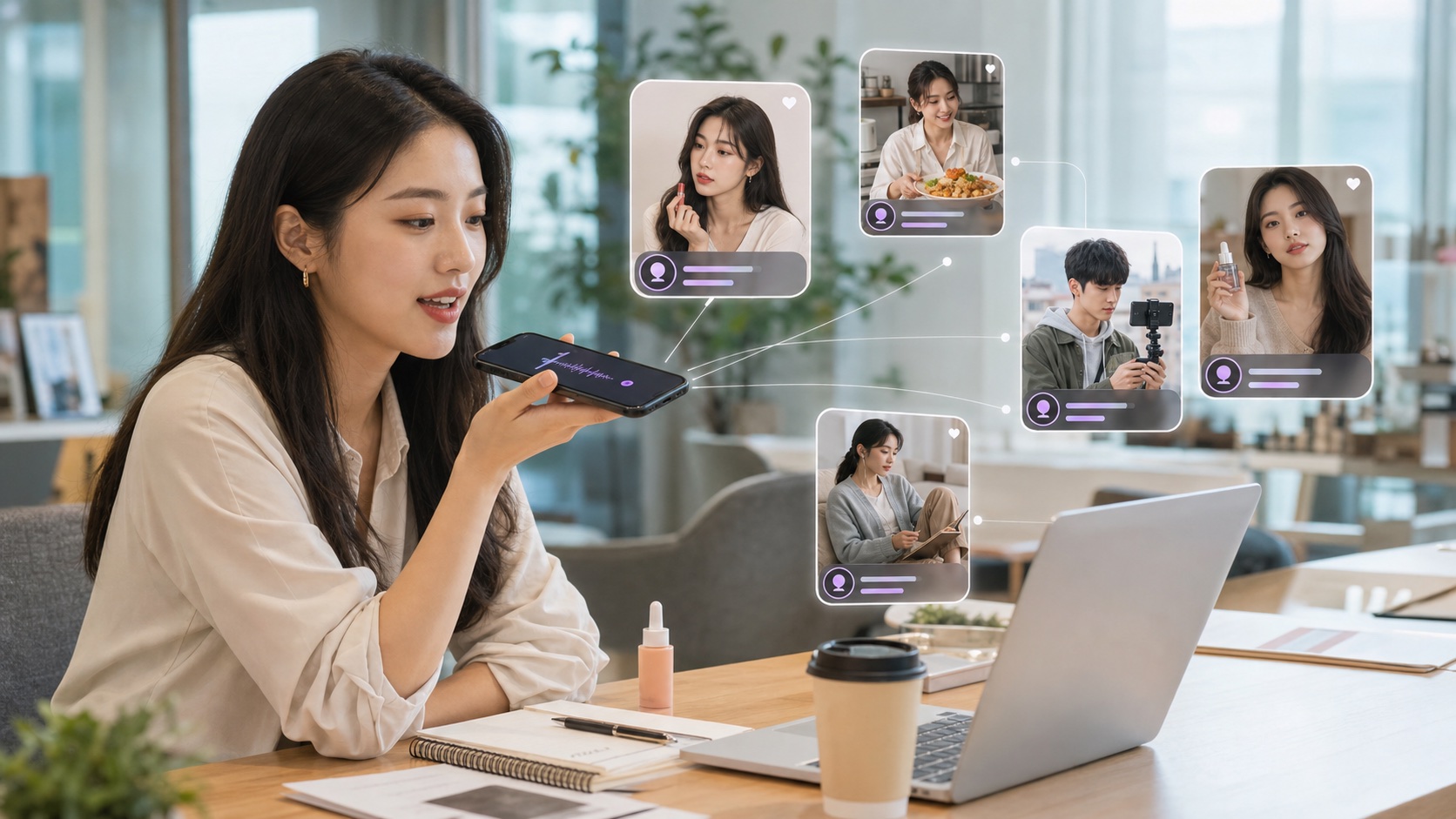 휴대폰 음성 요청으로 한국 인플루언서 후보를 섭외하는 장면